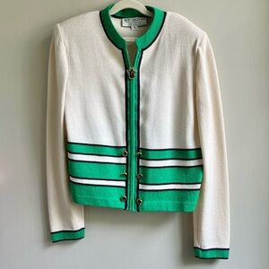 St. John | Vintage Cream and Green Stripe Zip Knit Blazer with Gold Accents